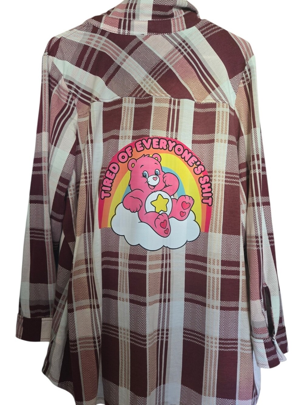 “Upcycled Plaid Flannel Shirt Funny Bear Graphic Boho Grunge Streetwear Ls03